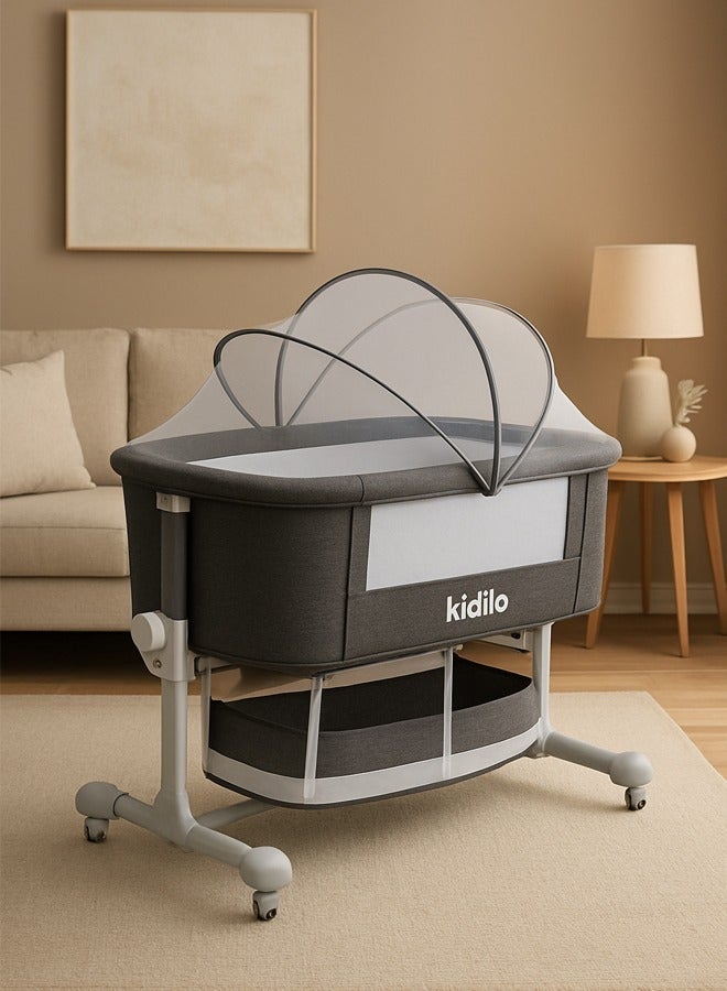 Kidilo Adjustable Canopy Bedside Crib 3 in 1 Folding Baby Cradle with Mosquito Net, Baby Bedside Sleeper, Easy Fold Portable Crib with Newborn Storage Basket, Bedside Cradle with Comfort Mattress/Travel Bag (Cradle) Gray - Image 1